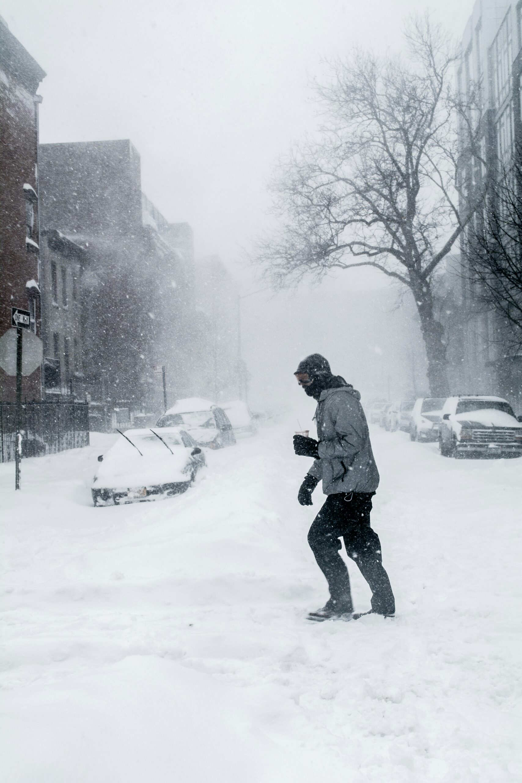 Man braving blizzard